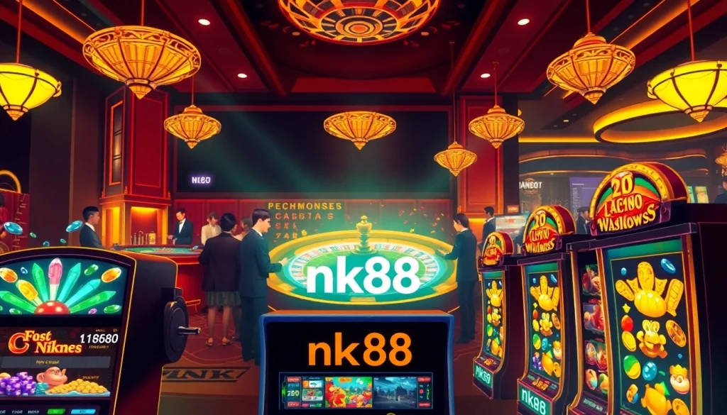 Exciting gameplay at a luxury casino featuring nk88-themed slot machines and a lively roulette table.