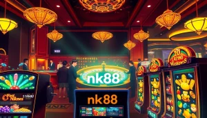 Exciting gameplay at a luxury casino featuring nk88-themed slot machines and a lively roulette table.