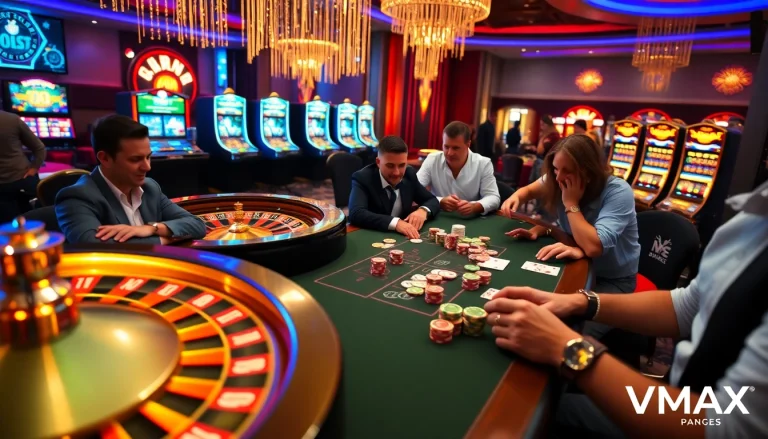 VMAX poker players enjoy a thrilling game at a vibrant casino table surrounded by excitement.