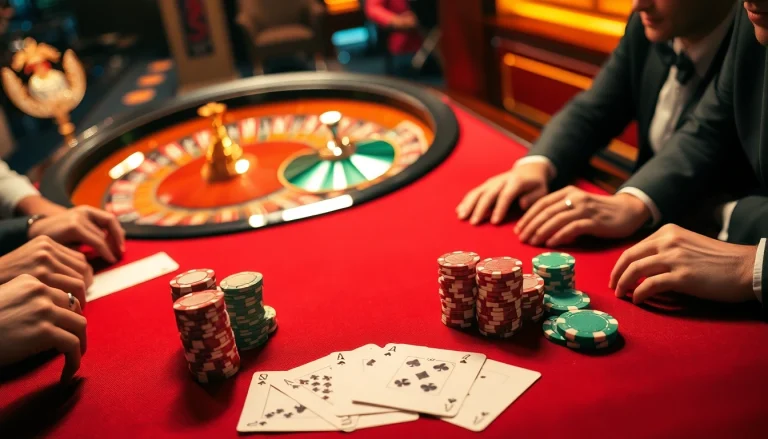 Engage with thrilling gameplay at 39BET's casino table showcasing poker chips and cards.