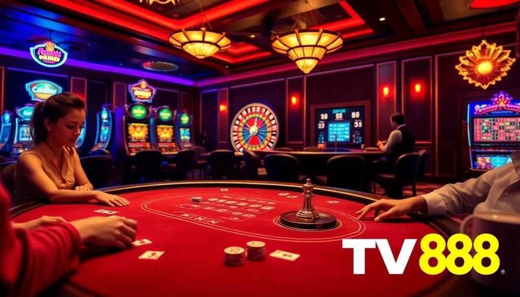 Experience thrilling poker gameplay at TV88 with high-stakes chips and elegant casino ambiance.
