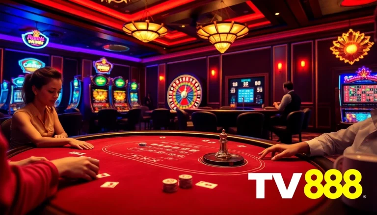 Experience thrilling poker gameplay at TV88 with high-stakes chips and elegant casino ambiance.