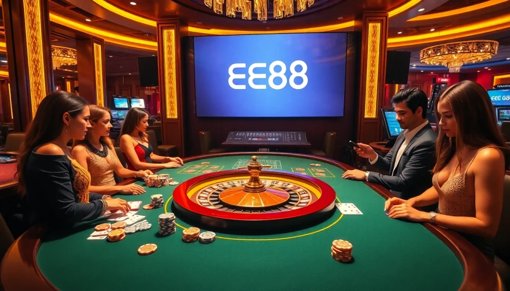 Excited players engaging with EE88 casino games at a vibrant gaming table.
