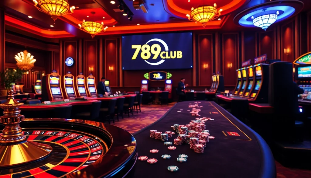 A gambler celebrating a win at 789CLUB, surrounded by vibrant casino tables and colorful chips.