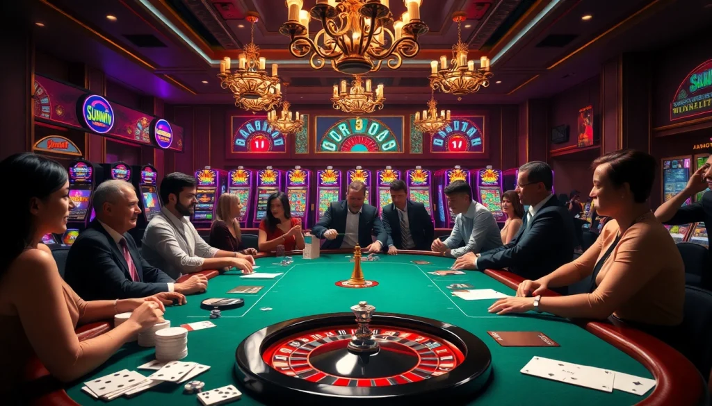 Experience thrilling poker action at Sunwin's upscale casino, showcasing vibrant slot machines and luxurious decor.