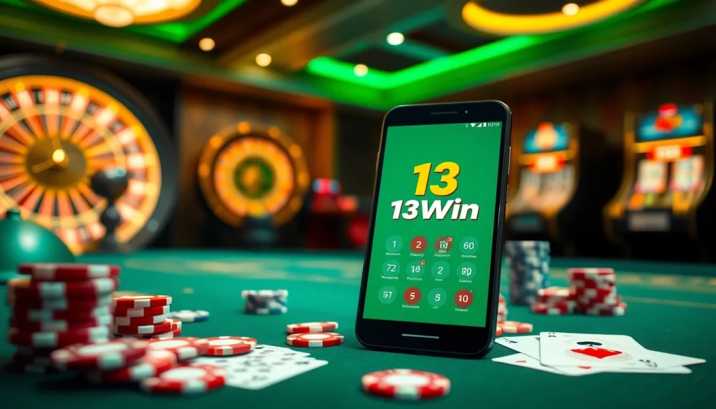 Experience the excitement of the 13Win app on a vibrant casino table filled with poker chips and playing cards.