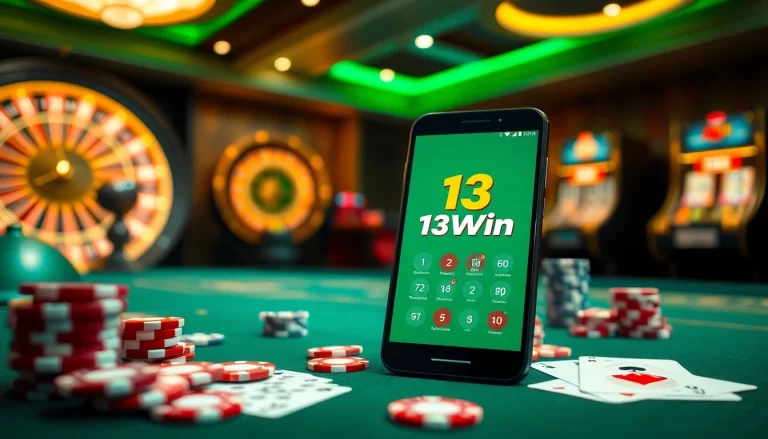 Experience the excitement of the 13Win app on a vibrant casino table filled with poker chips and playing cards.