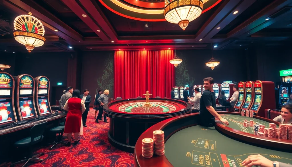 Engage in thrilling gameplay at OKFUN's exciting casino featuring vibrant slot machines and a roulette wheel.