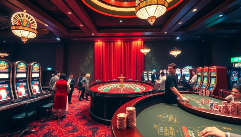 Engage in thrilling gameplay at OKFUN's exciting casino featuring vibrant slot machines and a roulette wheel.