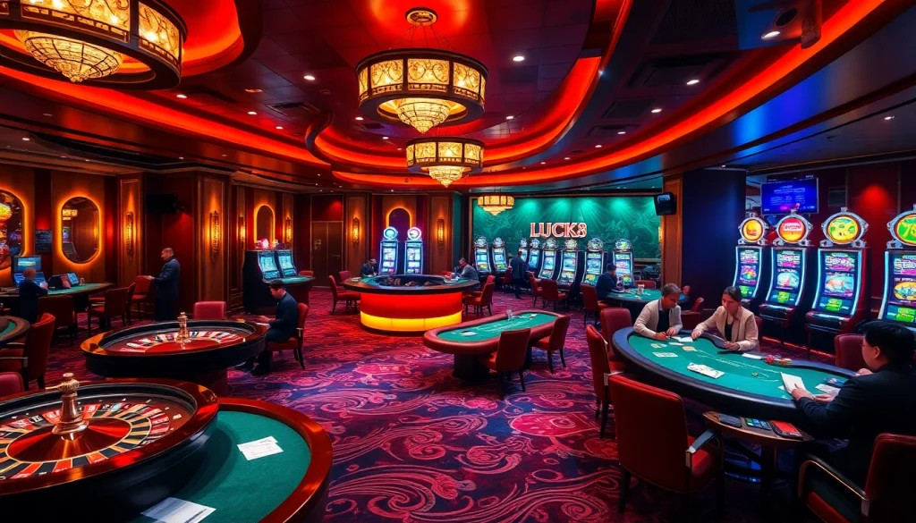 Trải nghiệm cảm giác hồi hộp của LUCK8 tại một lounge casino sinh động, đầy bàn roulette và bàn poker.