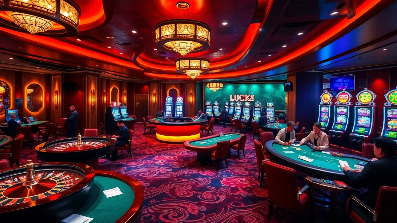 Trải nghiệm cảm giác hồi hộp của LUCK8 tại một lounge casino sinh động, đầy bàn roulette và bàn poker.