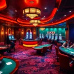 Trải nghiệm cảm giác hồi hộp của LUCK8 tại một lounge casino sinh động, đầy bàn roulette và bàn poker.