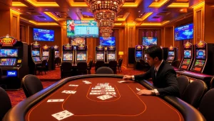 Players winning at e2bet's virtual casino table with vibrant slots and poker elements.