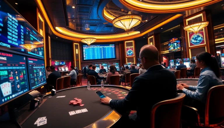 SBOBET.dance vibrant online gambling scene with players betting on sports and poker.