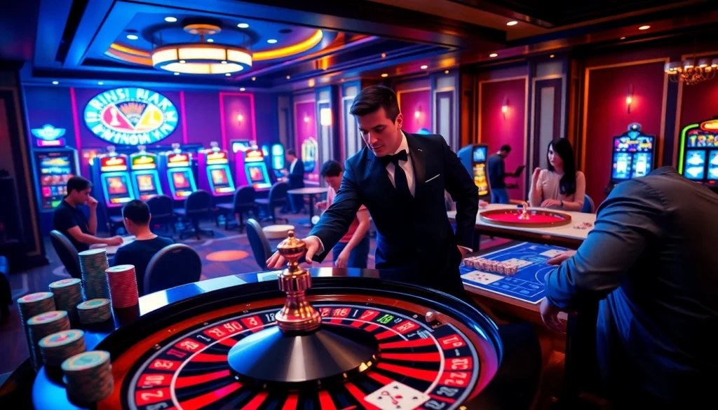 rr88 đăng nhập: Engaging players at a vibrant roulette table in a luxurious casino scene.