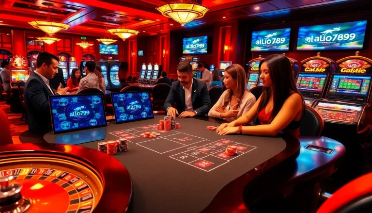 A thrilling online gambling experience at alo789 featuring poker chips and vibrant slot machines.