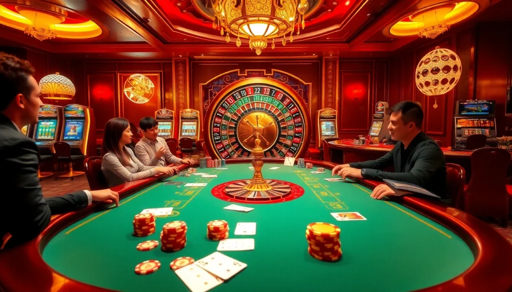 Gamblers enjoying a high-stakes poker game at nhà cái uy tín F168's luxurious casino.