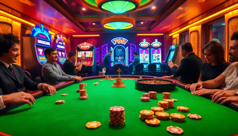 Engaging poker game at 789club casino with colorful chips and a roulette wheel.
