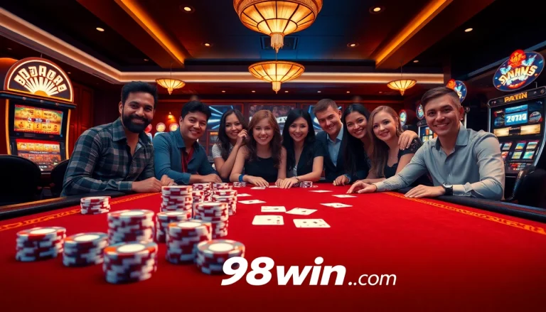 Engaged players enjoy thrilling games at 98win com's vibrant online casino, surrounded by colorful chips and slots.