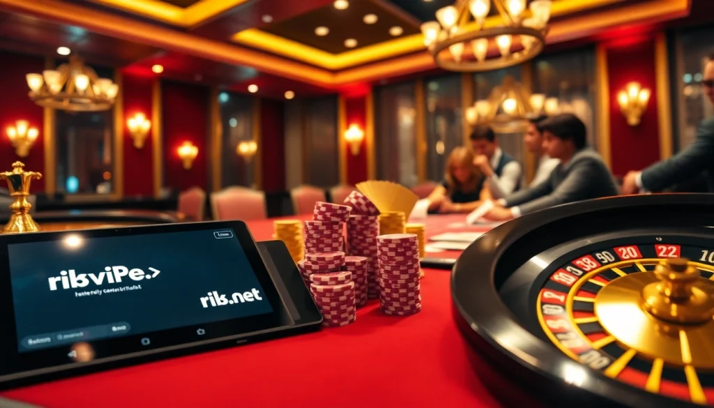 Players enjoying a poker game at a luxury casino while interacting with rikvip.gb.net on a tablet.
