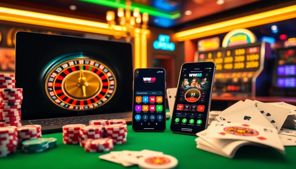 Exciting online gambling scene featuring link vào ww88 with vibrant casino elements like dice and roulette.