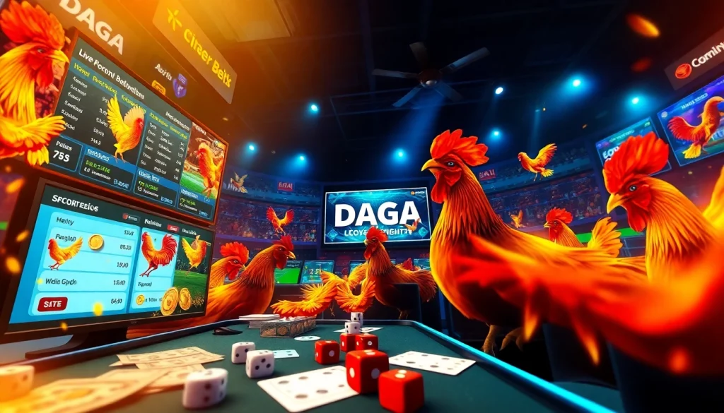 DAGA live cockfighting scene on dagawin.live showcasing dynamic digital betting options and vibrant graphics.