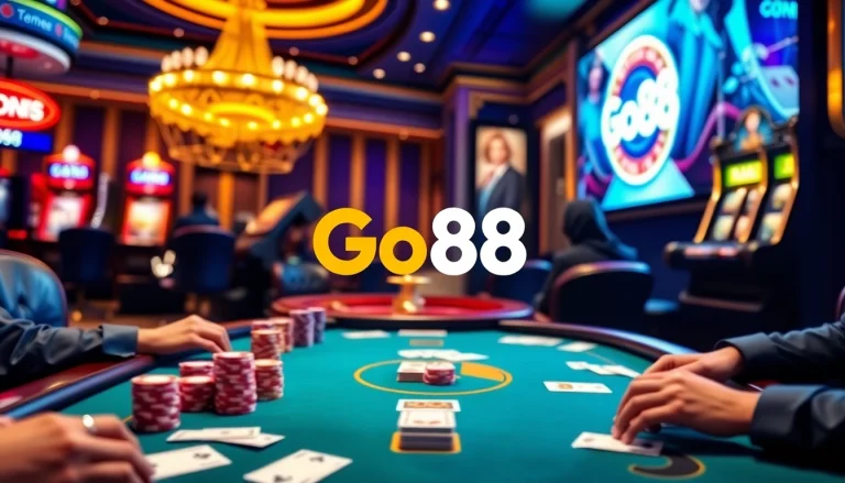 Engage with Go88 play in this vibrant online casino scene featuring poker chips and a roulette wheel.