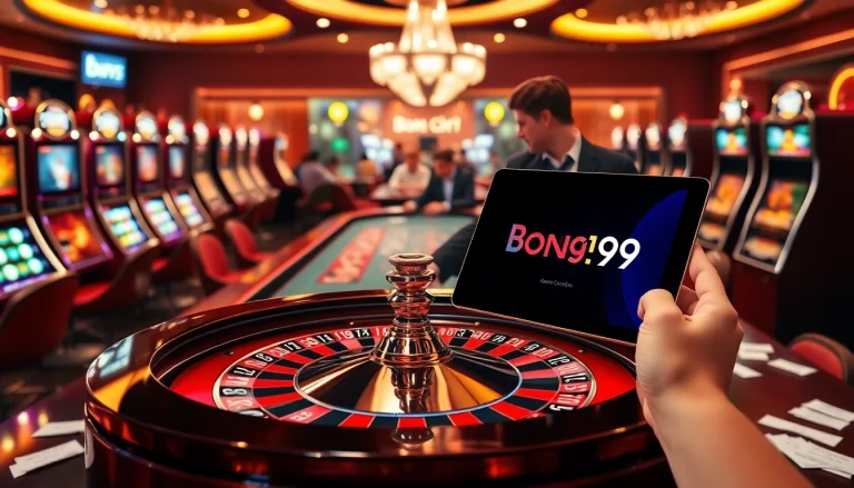 Bong99 players enjoying a thrilling casino experience with poker and roulette tables.