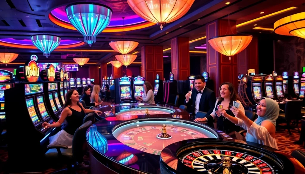 Nohu players engaging with vibrant slot machines in a luxurious casino setting.