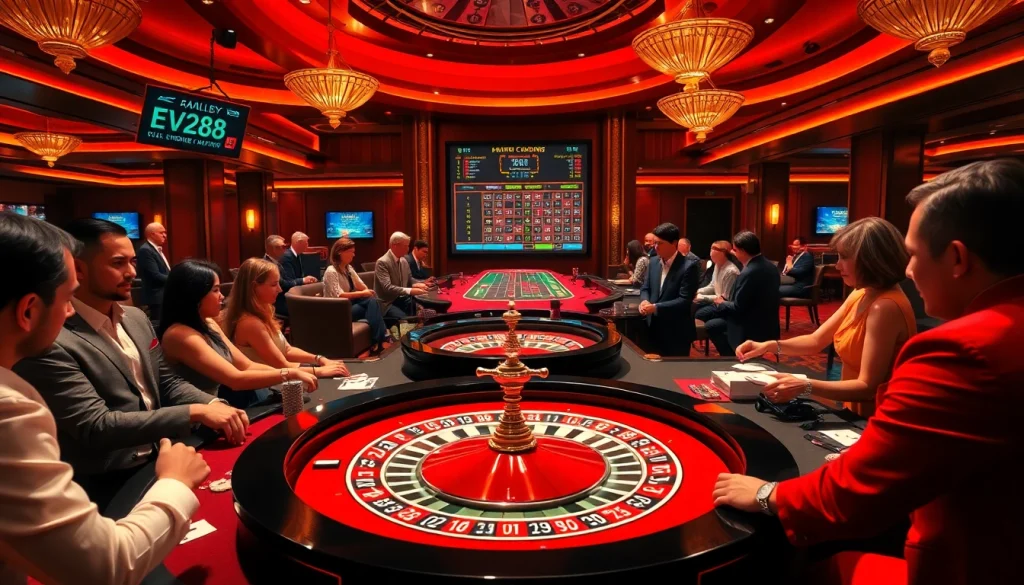 Exciting table setting at ev 88 casino with players engaged in thrilling roulette action.