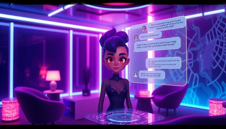 Engaging scene of NSFW character AI interaction in a futuristic digital lounge.