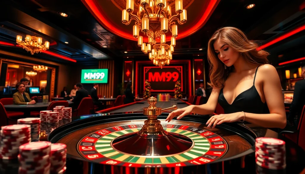 MM99 player excitedly betting at a vibrant casino table with roulette and chips.