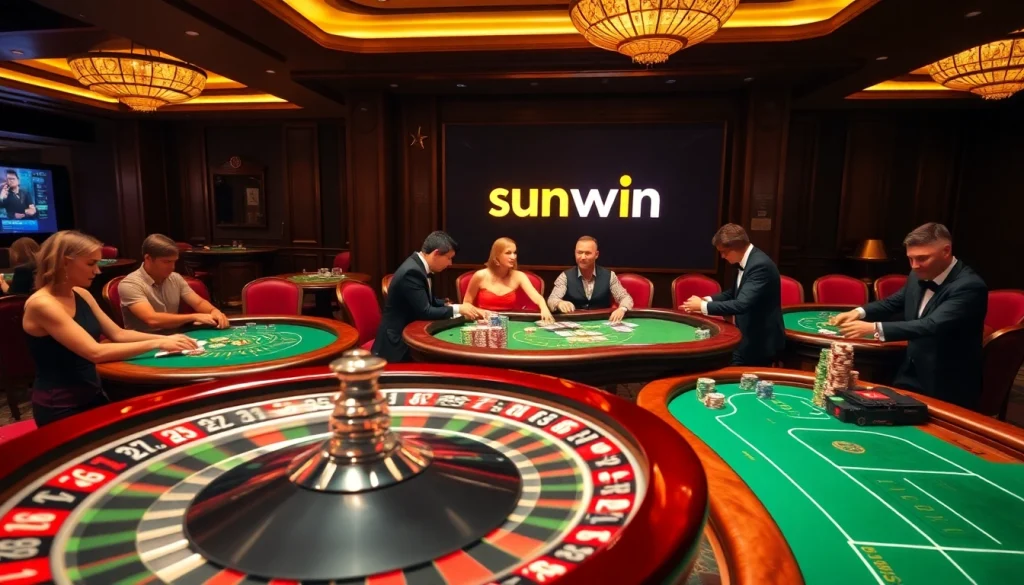 Experience the thrill of gaming at sunwin with vibrant poker tables and roulette wheels.