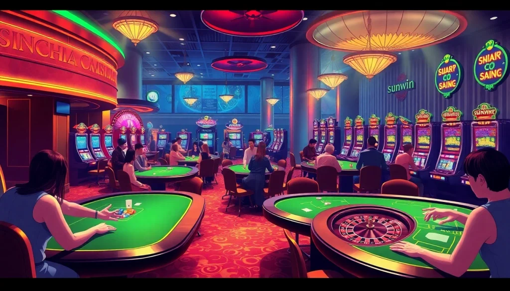 Players enjoying immersive games at sunwin casino, featuring vibrant tables and slot machines.