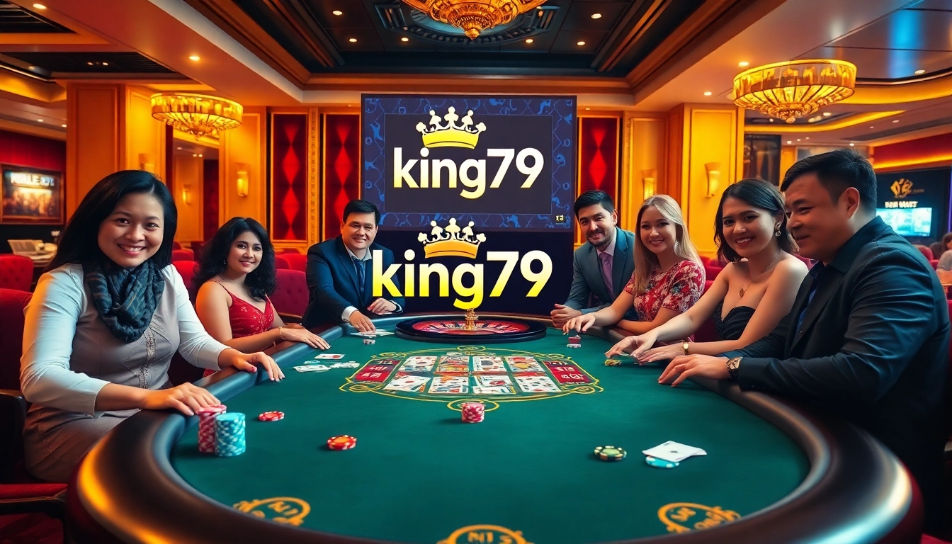 Experience intense gaming action at king79's luxurious casino tables filled with vibrant poker chips and cards.