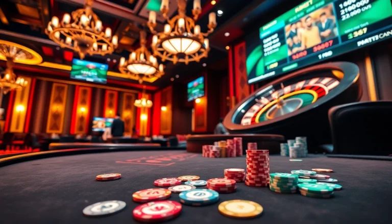 RIKBET players engaged at a vibrant casino table, showcasing poker chips and cards