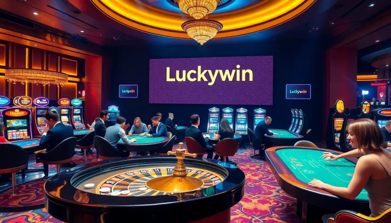 Experience Luckywin's excitement with players at high-stakes casino tables and bright slot machines.
