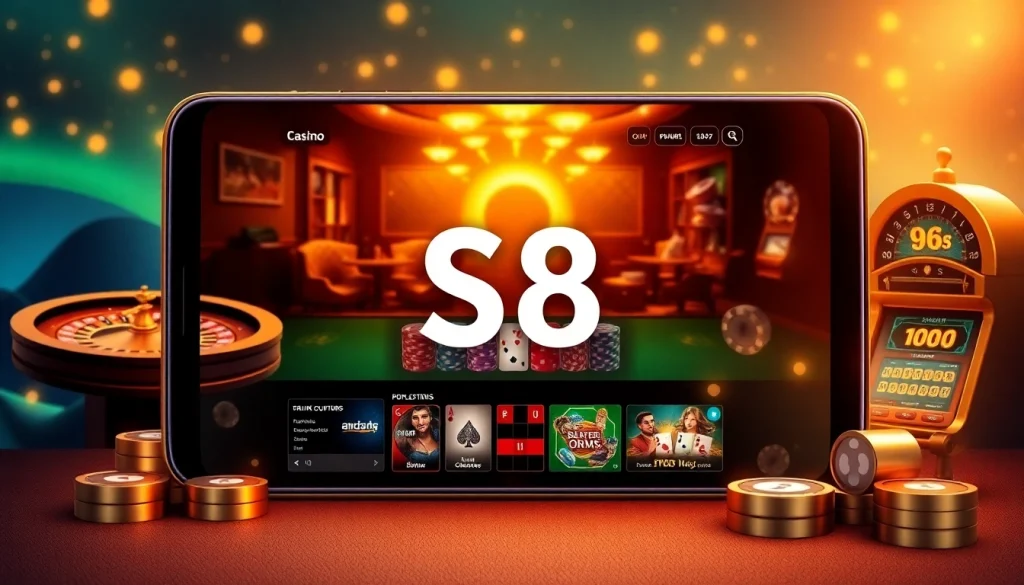 S8 online casino gaming interface featuring vibrant roulette and poker tables with luxury elements.