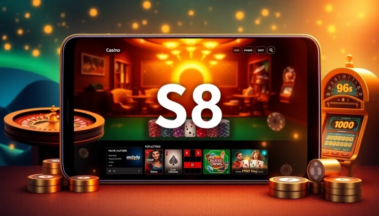 S8 online casino gaming interface featuring vibrant roulette and poker tables with luxury elements.