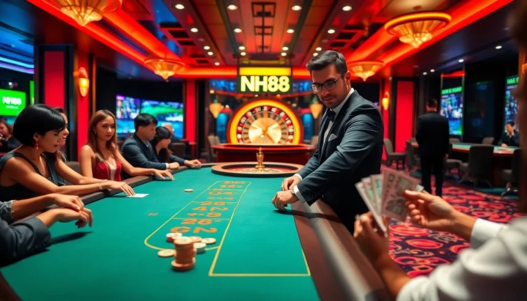 A vibrant casino scene featuring NH88, with players engaged at a poker table and a roulette wheel, conveying excitement.