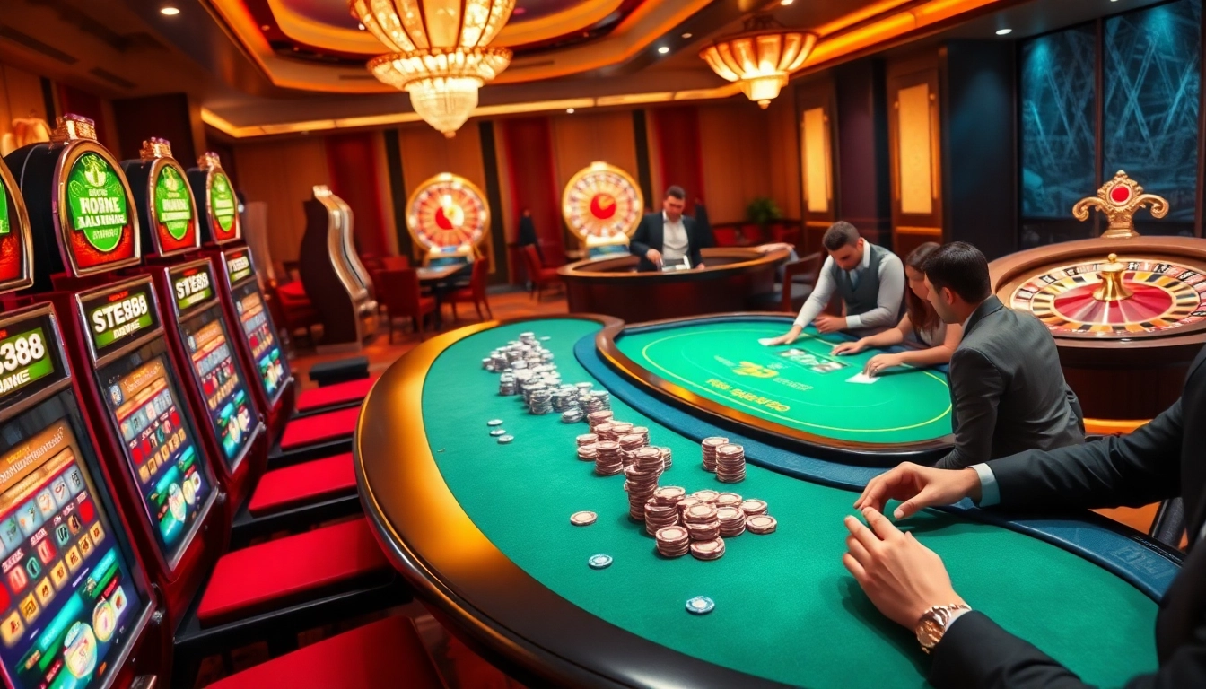Players enjoy exciting games at tg88 casino, surrounded by vibrant slot machines and poker tables.