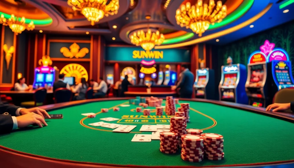 Players enjoying a thrilling game at SUNWIN casino's poker table with vibrant chips.