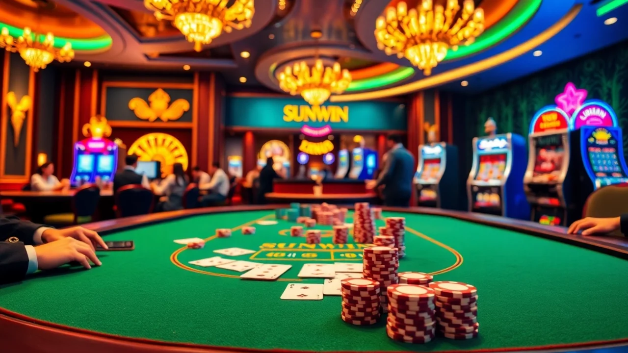 Players enjoying a thrilling game at SUNWIN casino's poker table with vibrant chips.