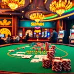 Players enjoying a thrilling game at SUNWIN casino's poker table with vibrant chips.