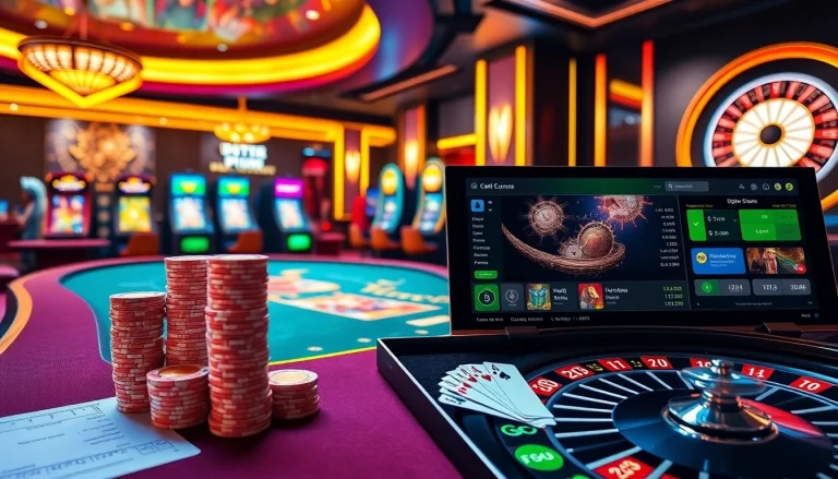 Experience the excitement of online gambling at http://ww88tg.com/ with vibrant casino visuals featuring poker tables and slot machines.