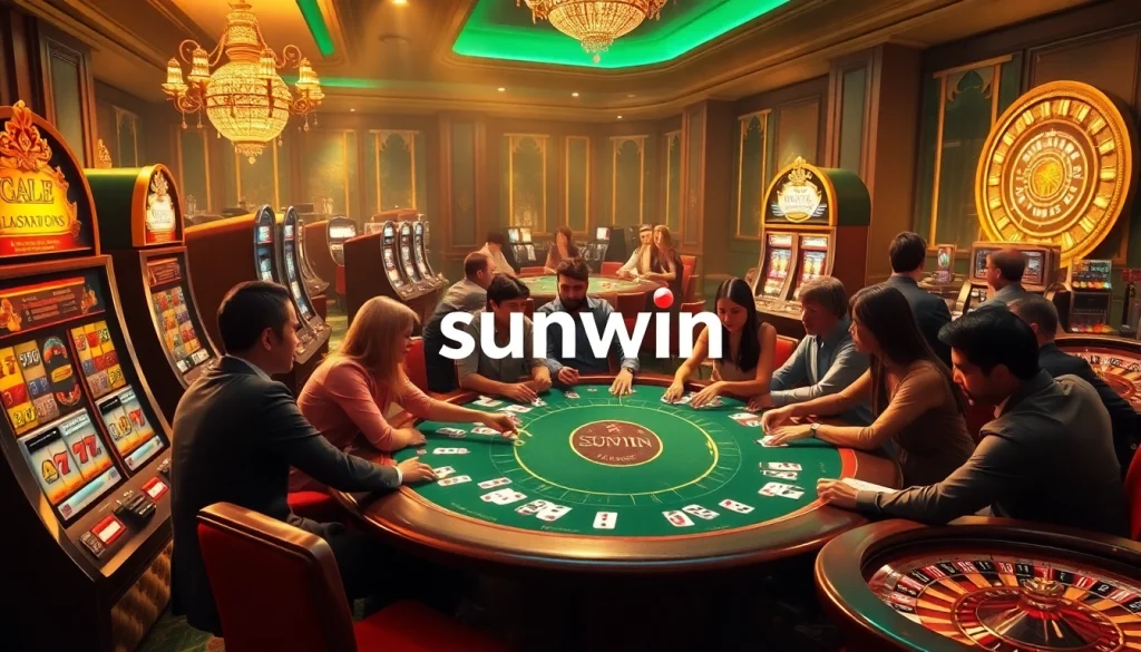 Players enjoying an exhilarating game at a sunwin casino table filled with colorful chips and cards.