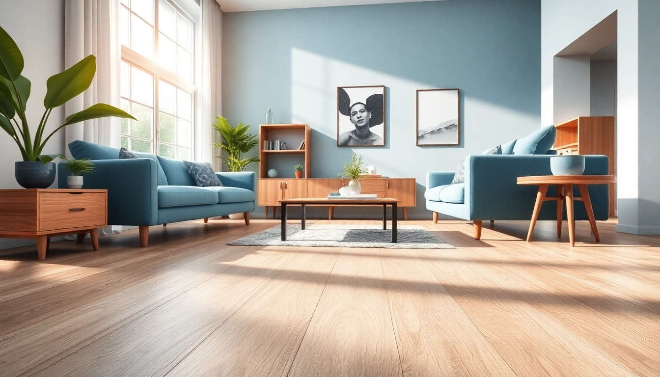 Showcase of waterproof vinyl flooring in a contemporary living room with natural light highlighting its features.