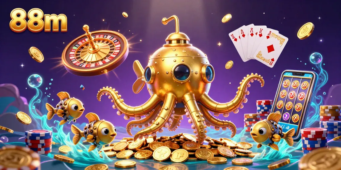 Experience the thrilling undersea adventures at 88m with a golden kraken submarine and sparkling treasures!