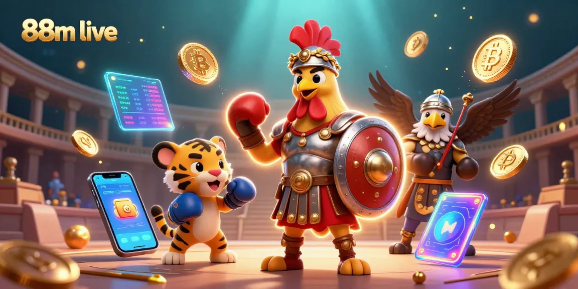 Experience the excitement of 88m live gaming in a vibrant 3D casino illustration.