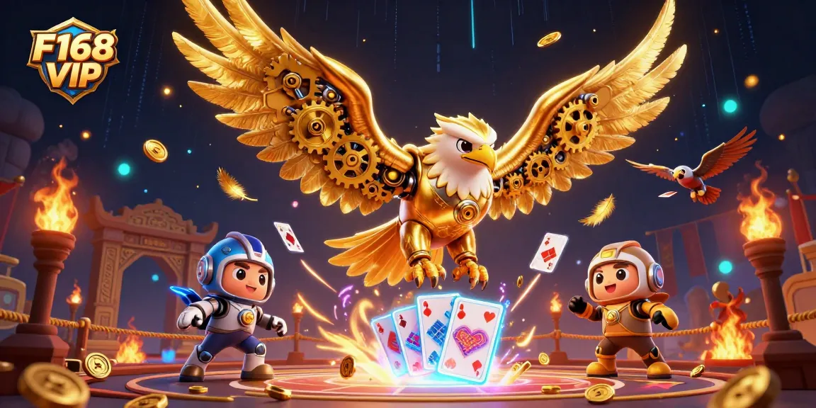 Experience F168 VIP with a cybernetic eagle soaring through a dynamic casino scene.